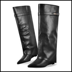 Wedge Boots Pointy Toe Slouchy High Heels Knee High Chic Party Wear